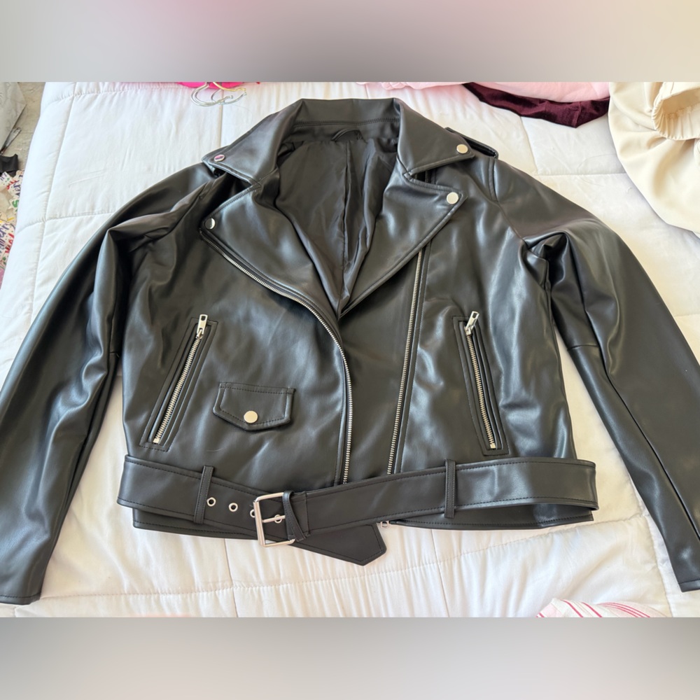 Women's Black Faux Leather Jacket #068